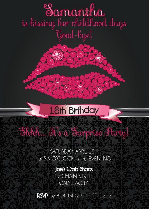 Pink Glitter Lips Custom Birthday Invitation 18th
