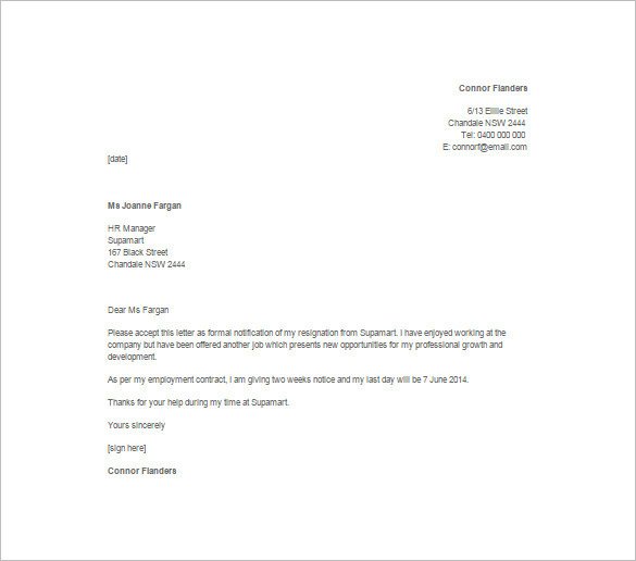 10 Sample Two Week Notice Resignation Letter Templates