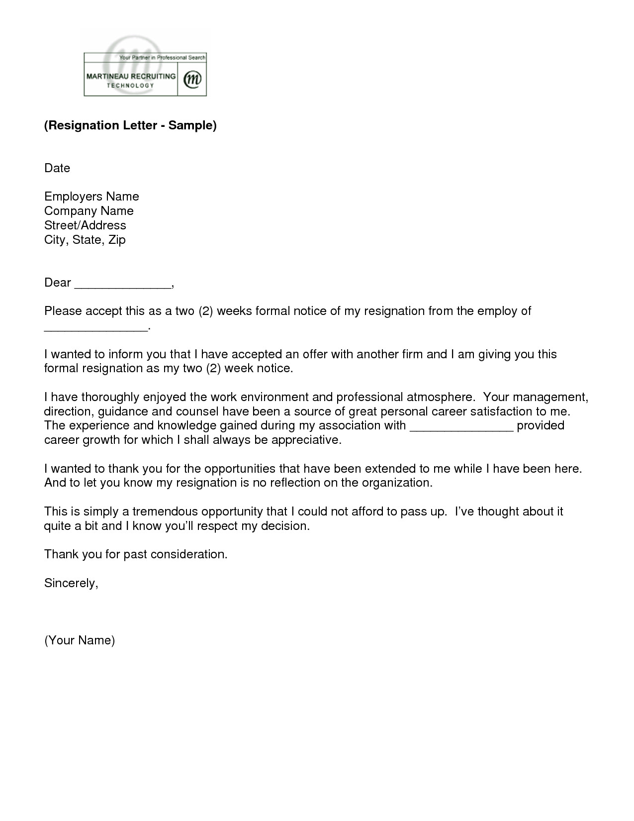letter of resignation 2 weeks notice template