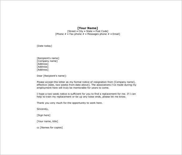 Resignation Letter 2 Week Notice