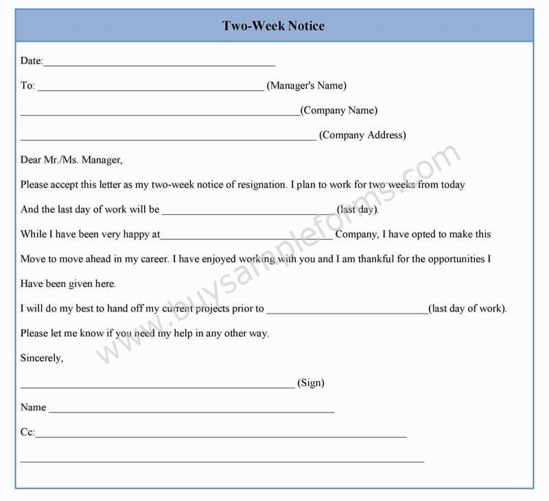 Two Week Notice Form Template in Word Sample Format