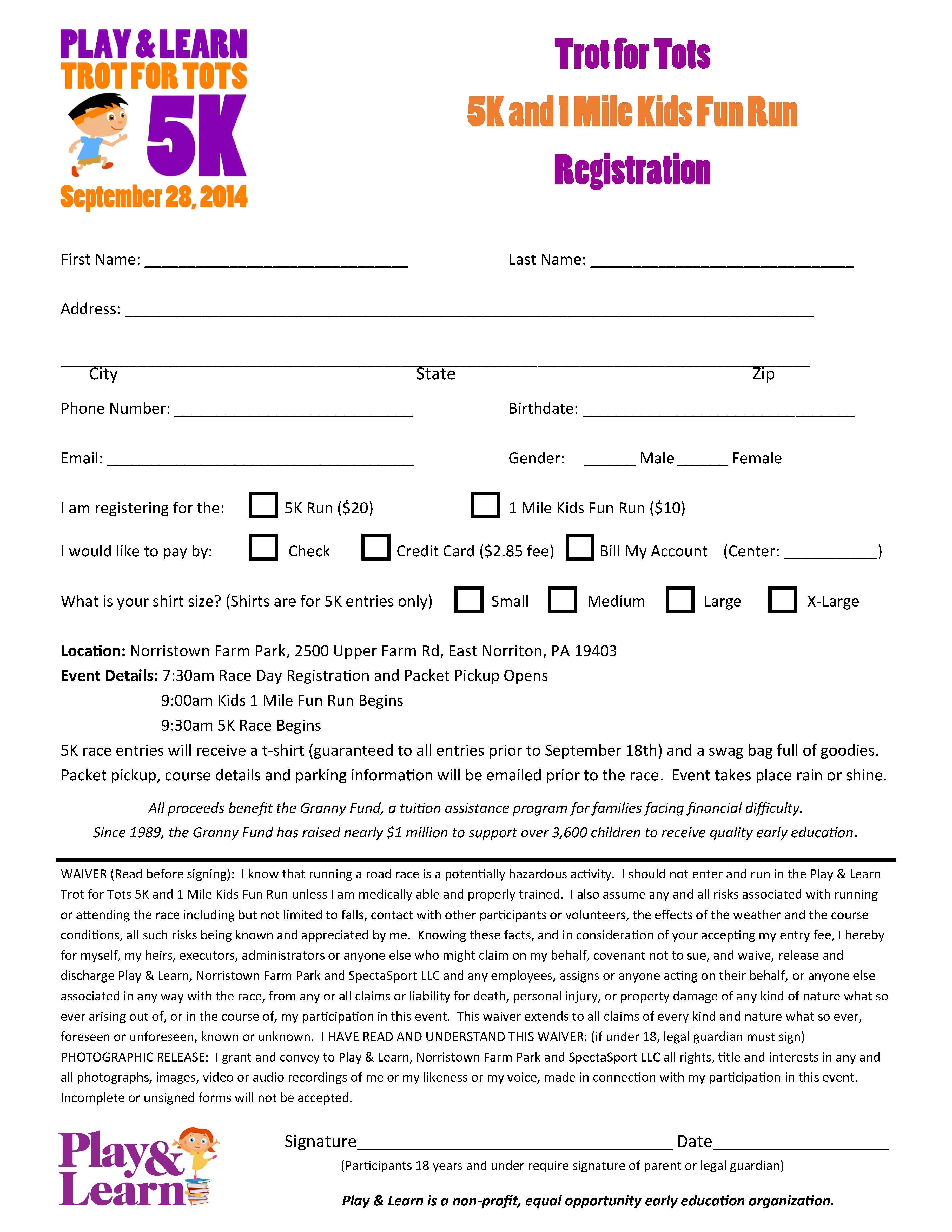 Registration Form for Play & Learns 5k and Kids Fun Run