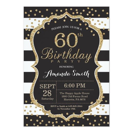 60th Birthday Invitation Black and Gold Glitter Card