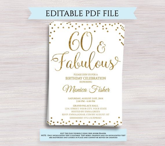 Editable 60th Birthday Party Invitation template 60 and