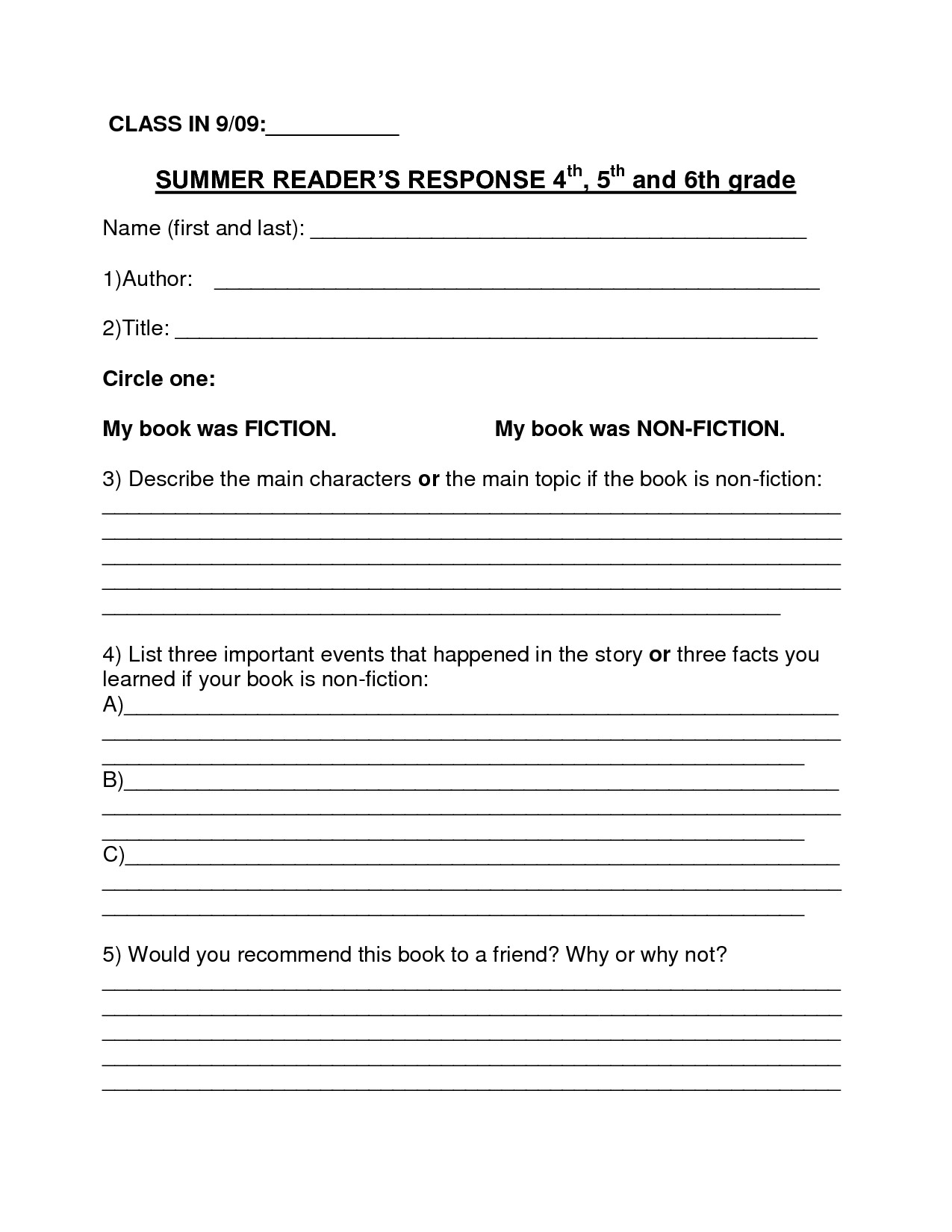Image result for book report summer reading form 6th grade