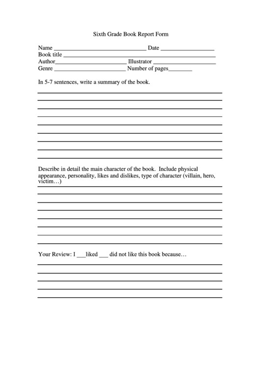 Sixth Grade Book Report Form printable pdf