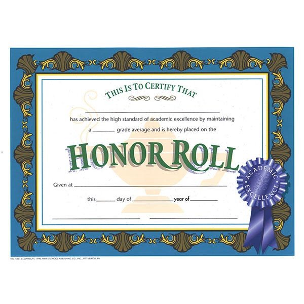 30 pk VA512 Honor Roll Certificates 8 1 2" x 11