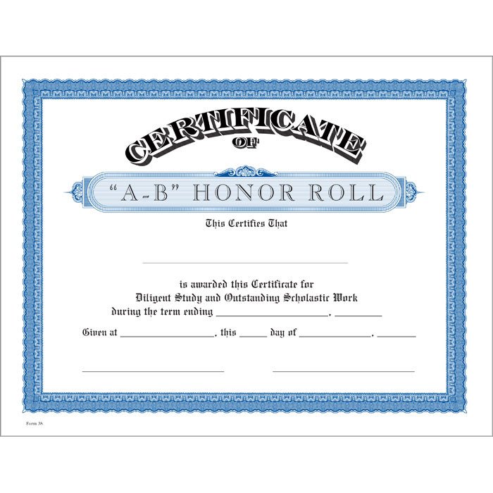 A B Honor Roll Blue Certificate Jones School Supply