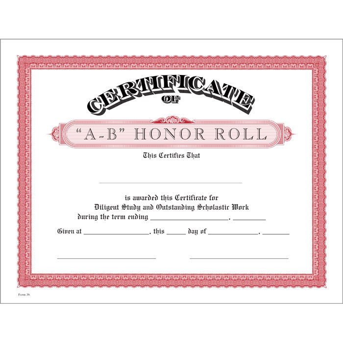A B Honor Roll Red Certificate Jones School Supply