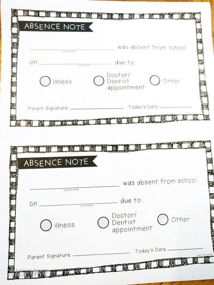 Free Printable Absence Notes for the Elementary Classroom
