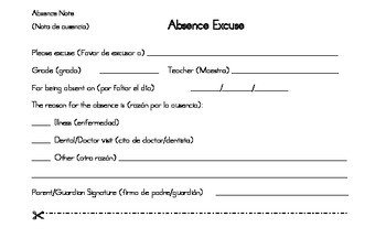 Excused Absence Note for Spanish Speaking Families by