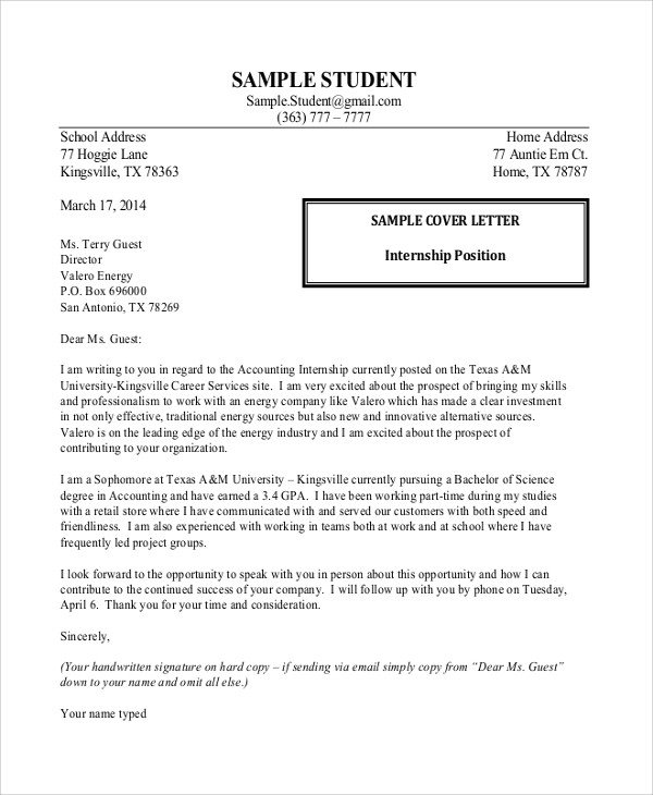 Internship Cover Letter Sample 9 Examples in Word PDF
