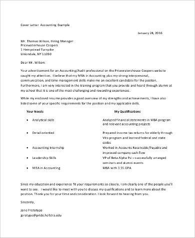 Sample Accounting Cover Letter 9 Examples in PDF Word