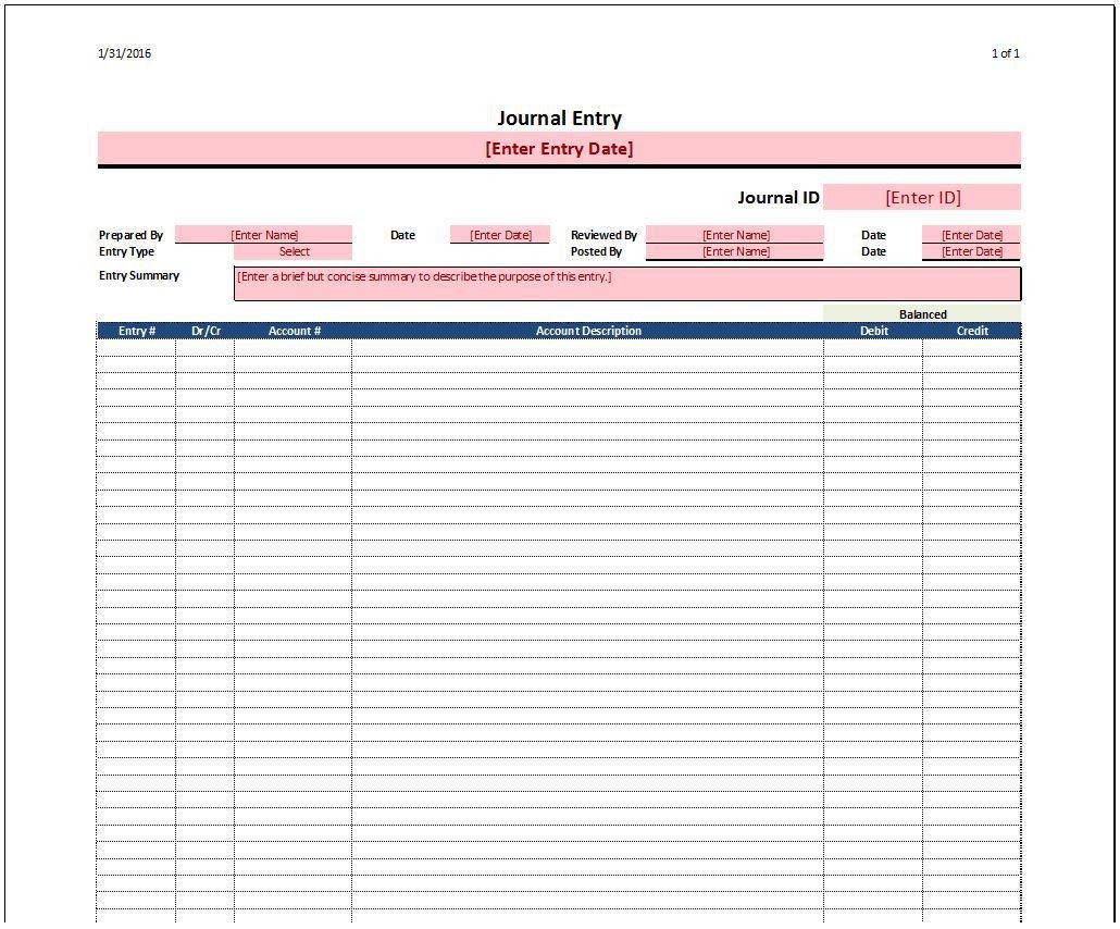 Journal Entry Template Spreadsheetshoppe