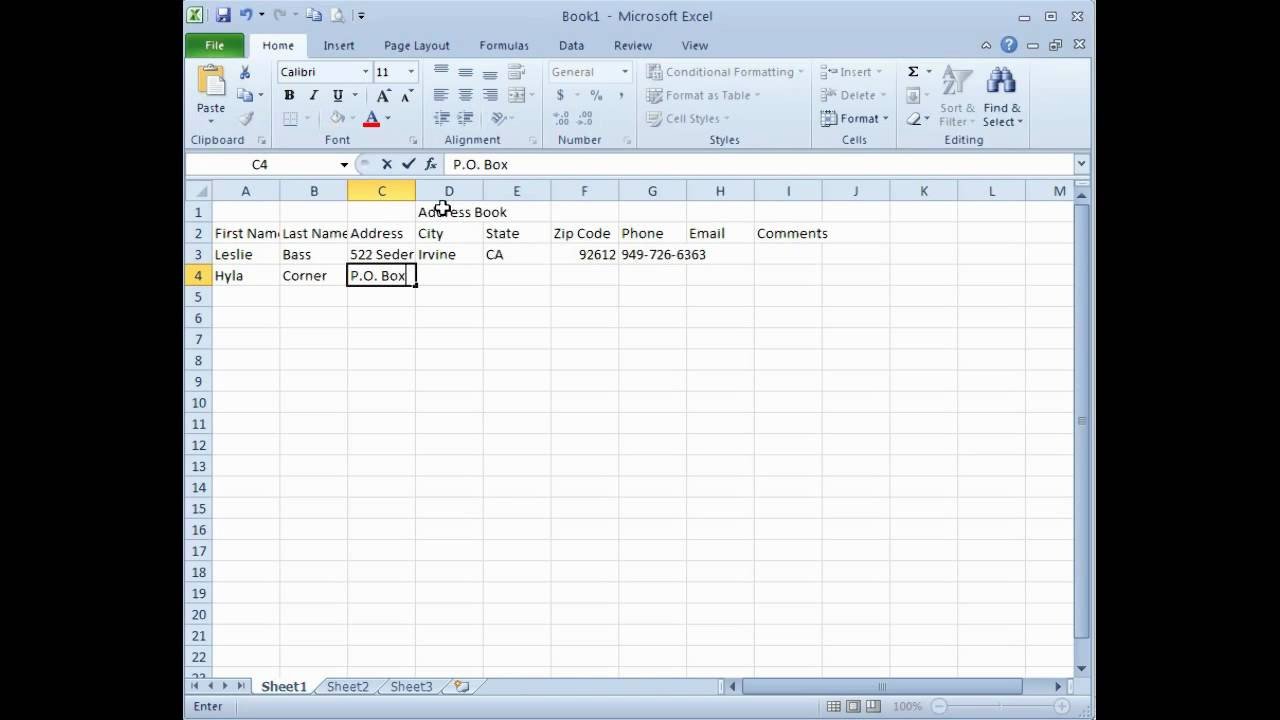 Microsoft Excel Creating an Address Book