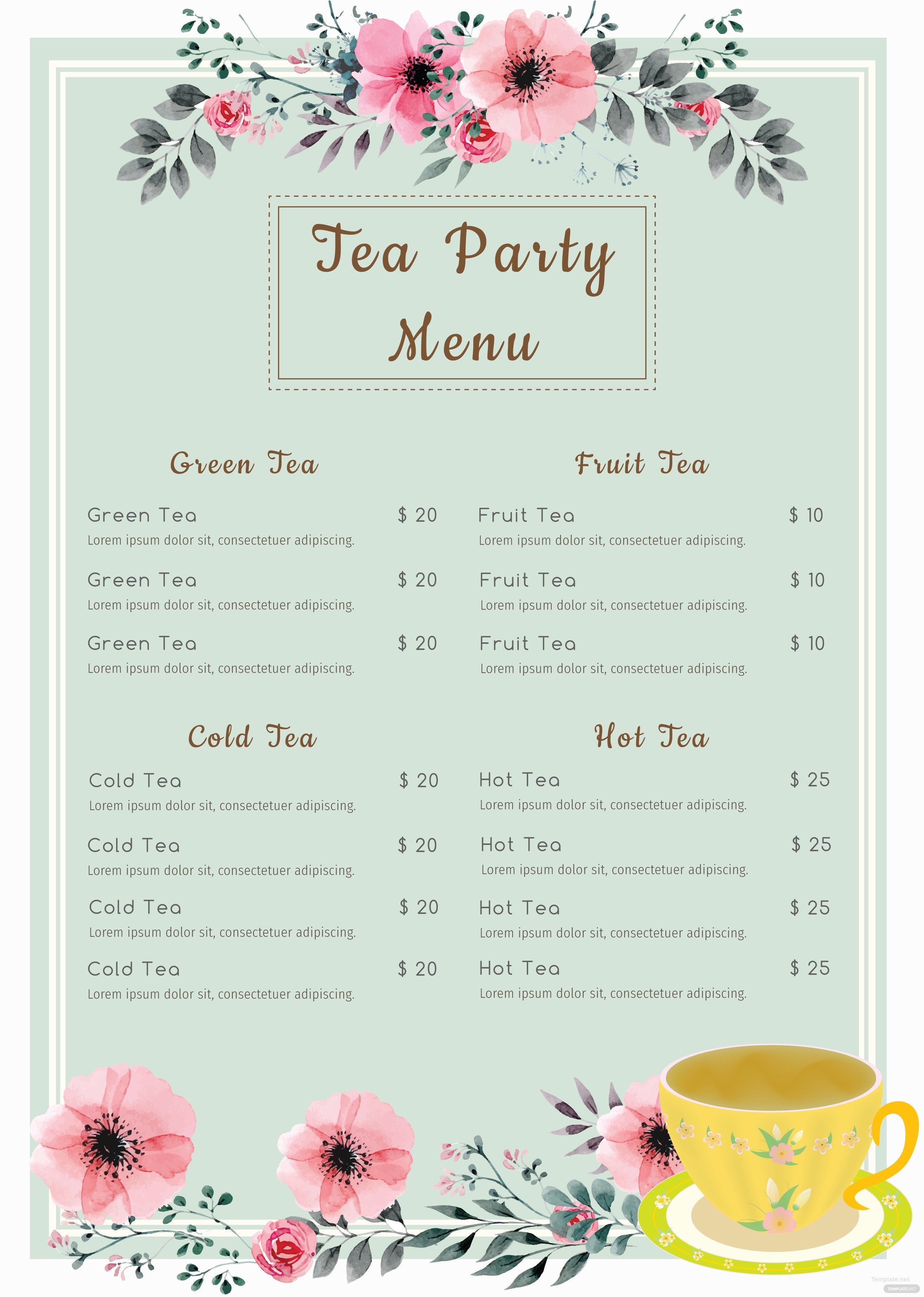 Free Tea Party Menu Template in Adobe shop
