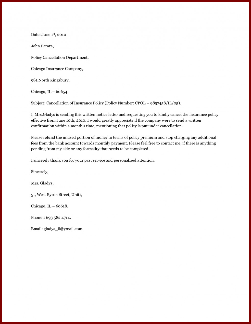 Insurance Termination Letter printable Free Download