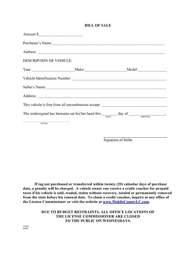 Free Mobile County Alabama Bill of Sale Form PDF