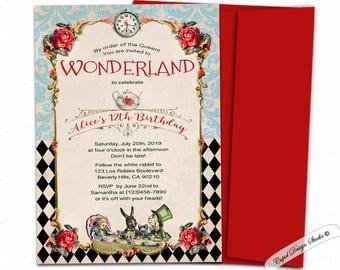 Elegant Alice in Wonderland invitation Mad Hatter tea party