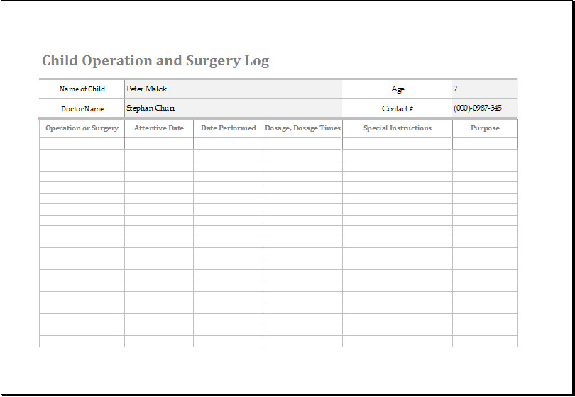 Child Operation and Surgery Log
