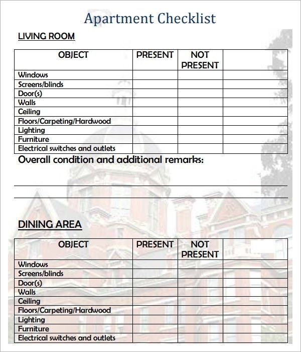 Sample New Apartment Checklist 5 Documents in PDF