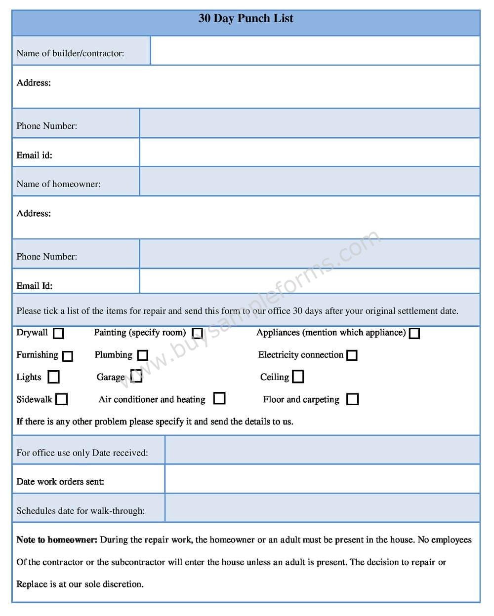 Download 30 Day Punch List Form in Word