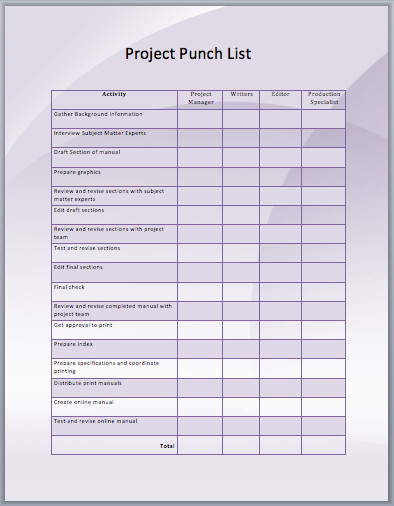 Project Punch List Template MS