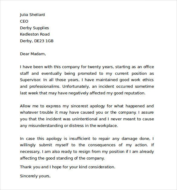 Sample Work Apology Letter 10 Free Documents Download