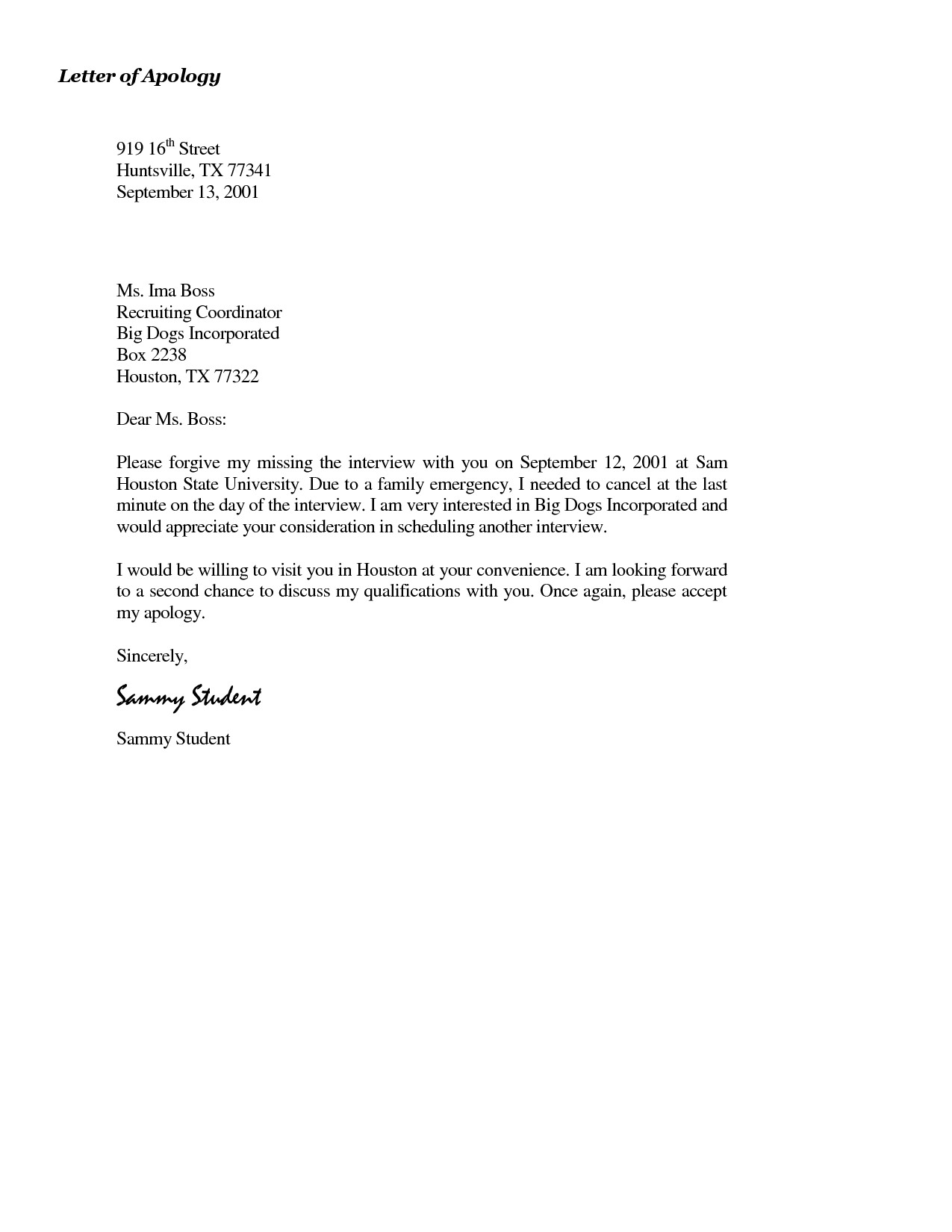 Simple Formal Letter of Apology To Boss with 2 Paragraph