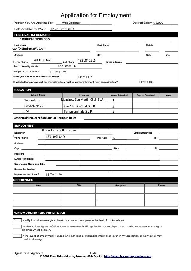 Free Printable Job Application Form Template Form GENERIC