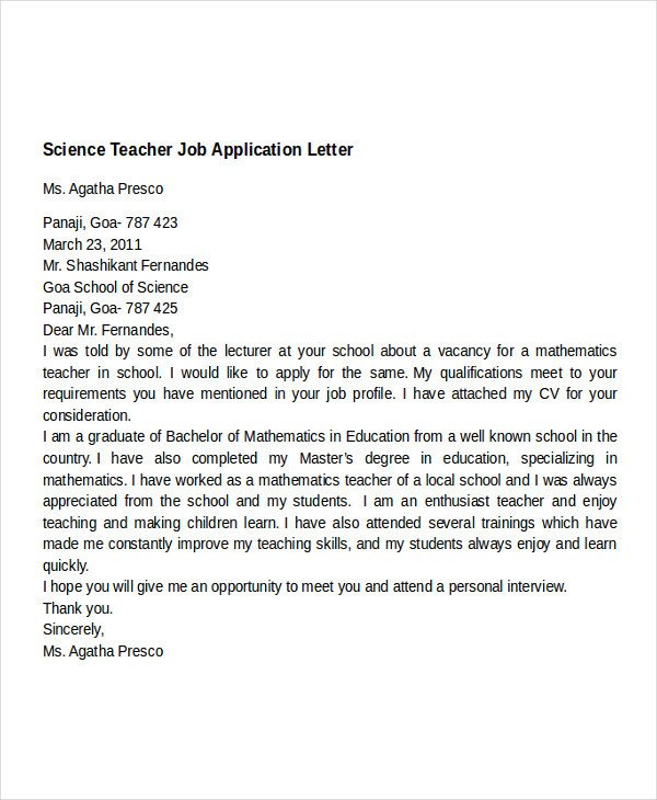 16 Job Application Letter for Teacher Templates PDF