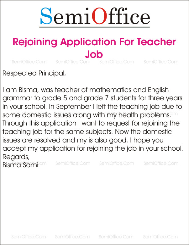 Application for Rejoining The Teaching Job in School