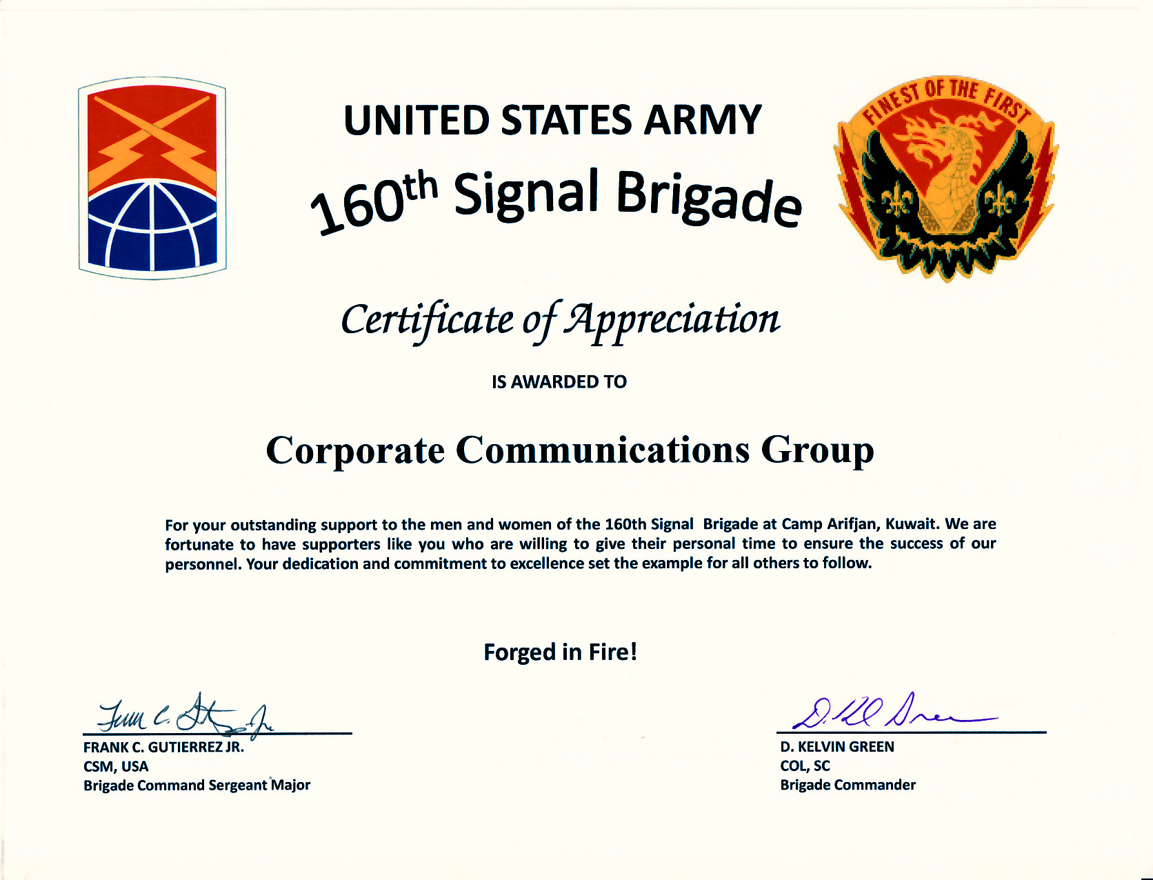 CCG Receives Certificate of Appreciation from U S Army