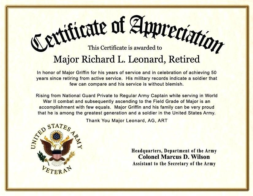 Certificate Appreciation Wording Army