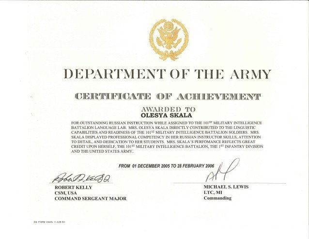 US Army Certificate Achievement