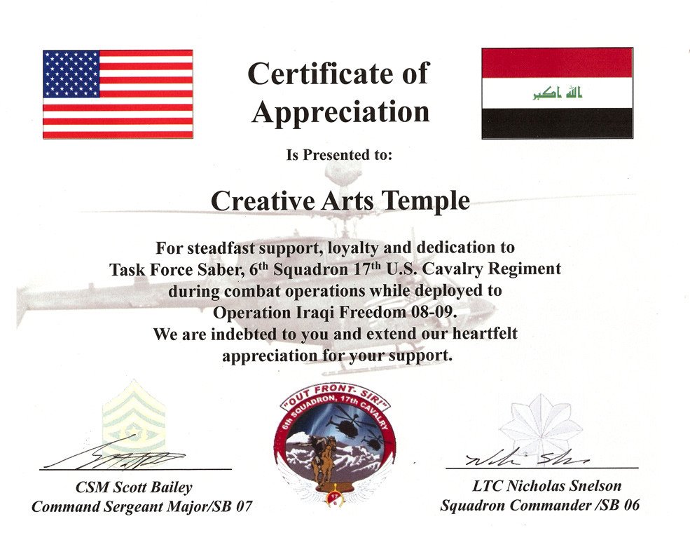 US Army Certificate of Appreciation