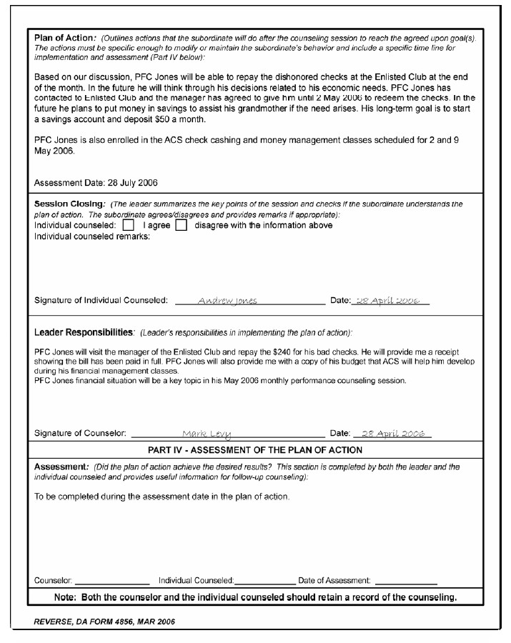 DA Form 4856 Financial Counseling Example