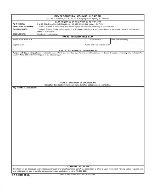 Sample Army Counseling Form 7 Examples in Word PDF