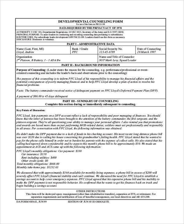 Sample Army Counseling Form 7 Free Documents in PDF Doc