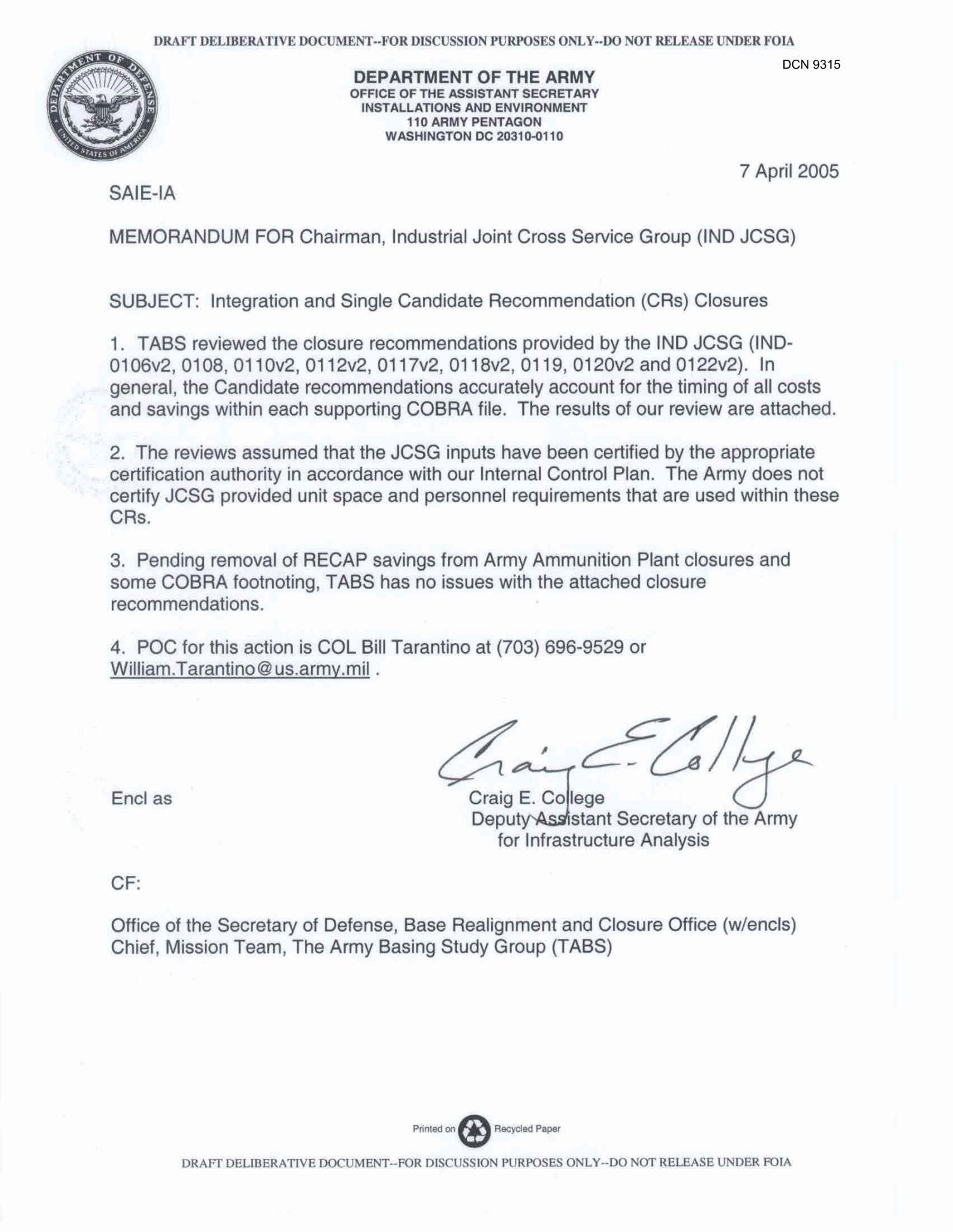 Department of the Army Memo dated 7 April 2005 for