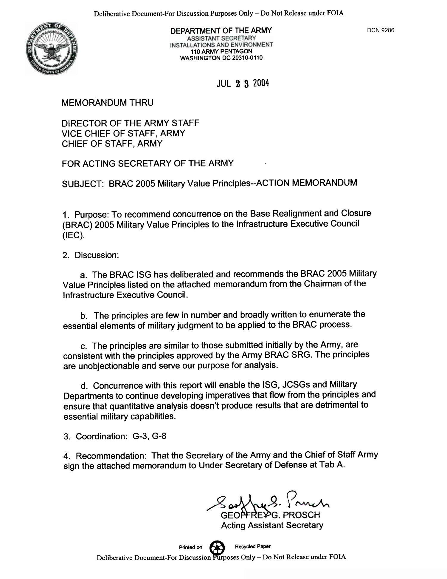 Memorandum for the Acting Secretary of the Army BRAC 2005