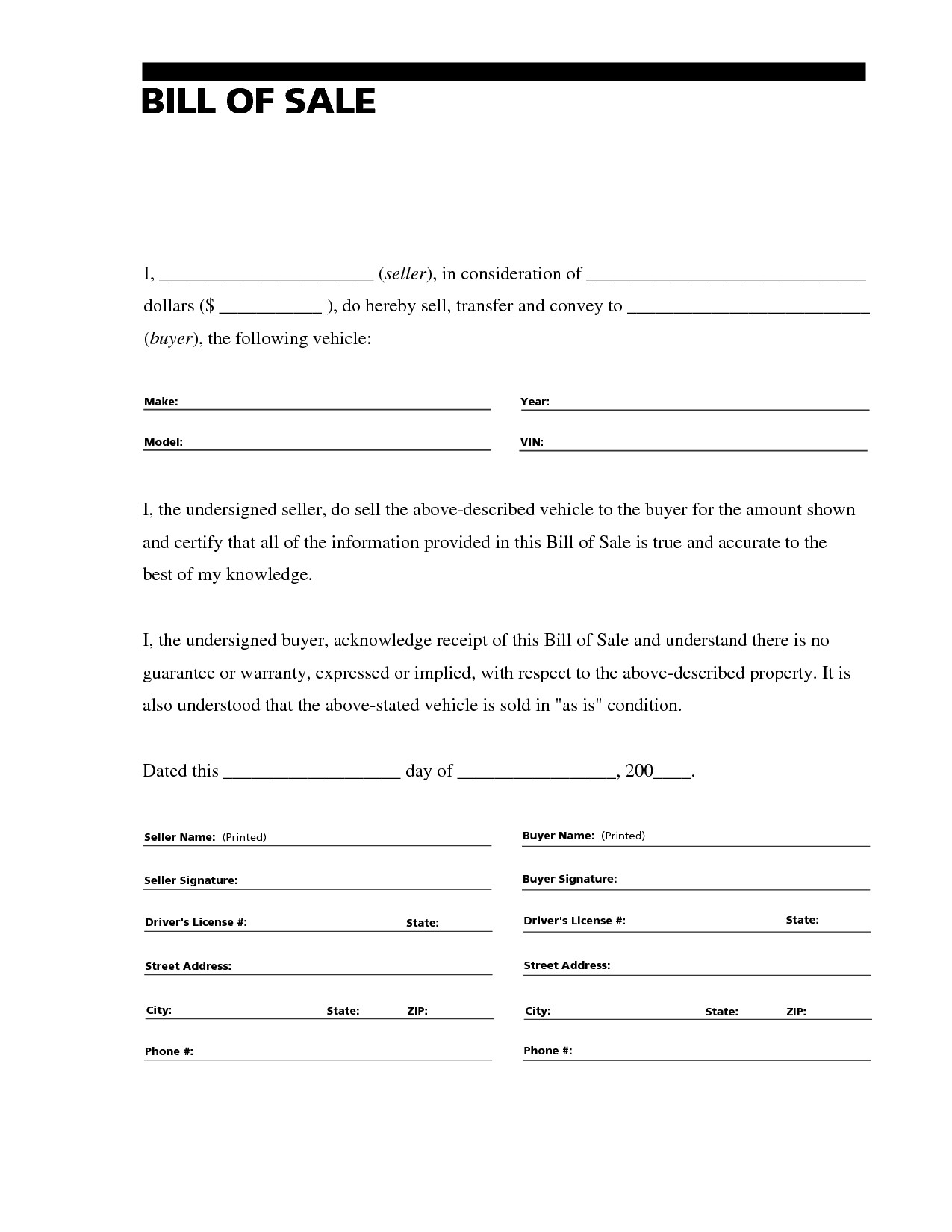 Free Printable Vehicle Bill of Sale Template Form GENERIC
