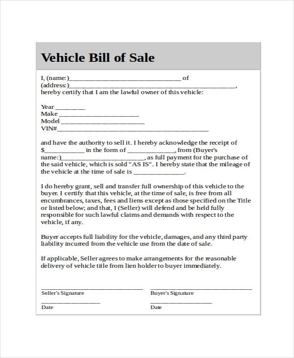Generic Bill of Sale Template 12 Free Word PDF