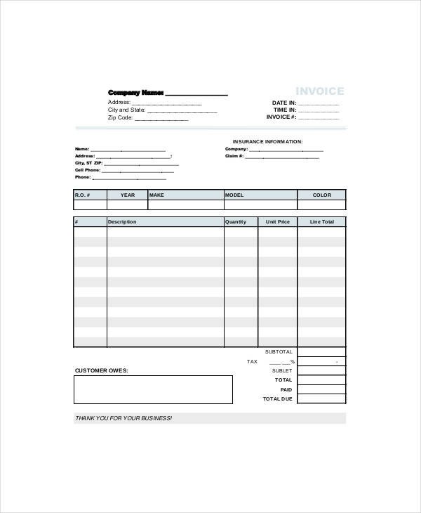 12 Repair Invoice Templates PDF Word Excel