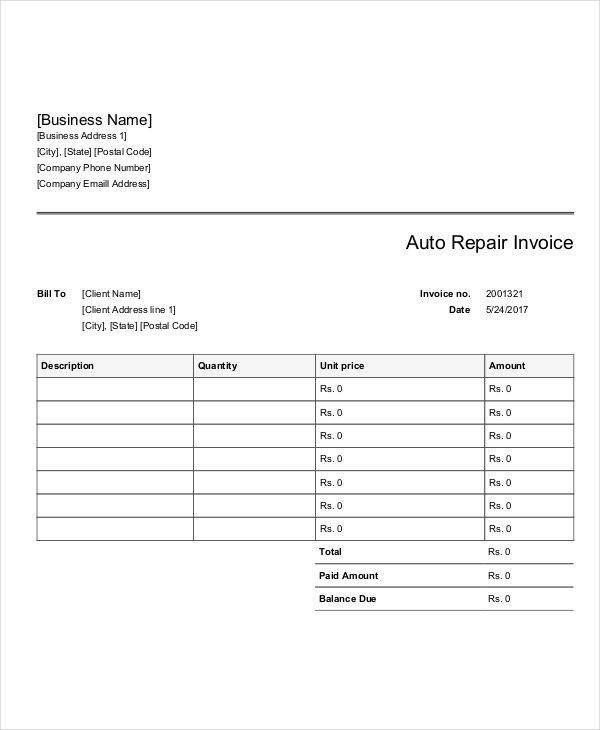 9 Auto Repair Invoice Templates Free Word PDF Excel
