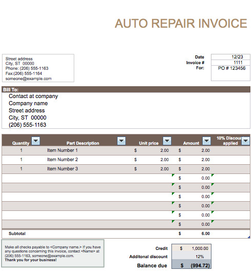 Auto Repair Invoice Template Word