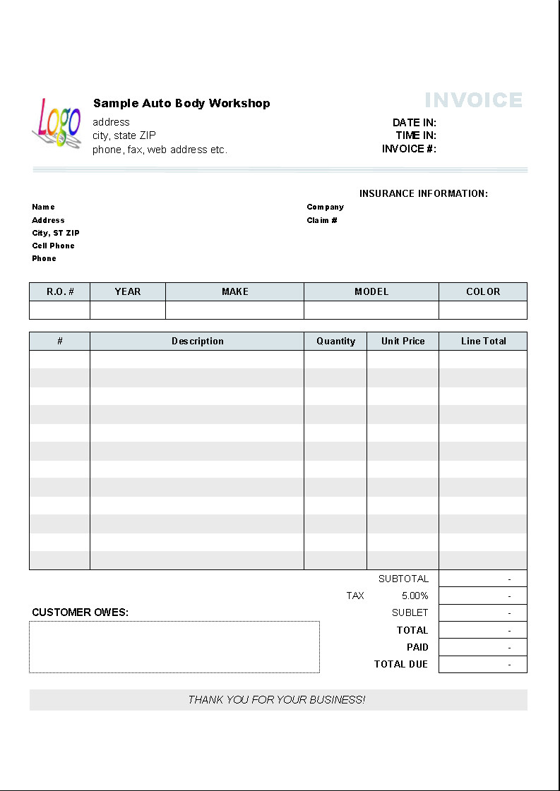 Automotive Repair Invoice Template Invoice Manager for Excel