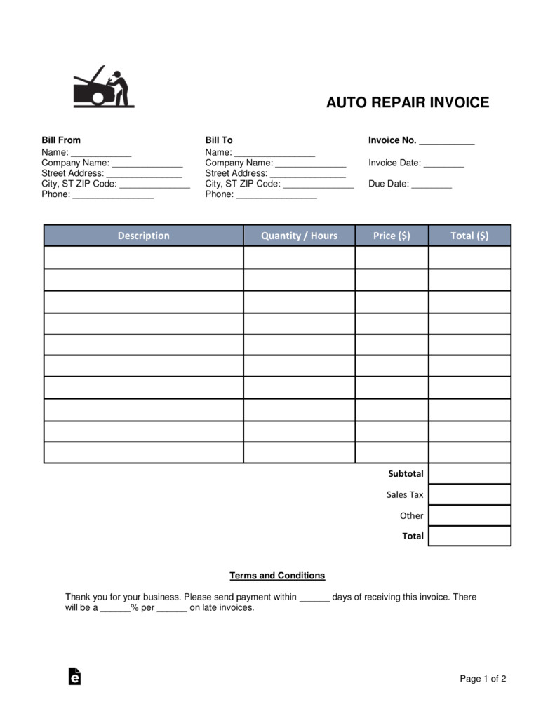Free Auto Body Mechanic Invoice Template Word