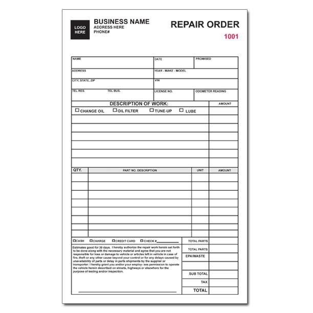 Auto Repair Invoice Work Orders Custom Carbonless