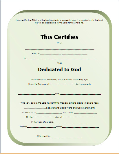 Child Dedication Certificate Template for WORD
